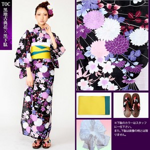 愛姫☆SWEET古典浴衣4点セットT0C(黒地古典花×黒下駄)